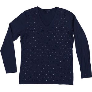 NEW Tommy Hilfiger Navy V-Neck Rhinestone Pullover Sweater Size Small